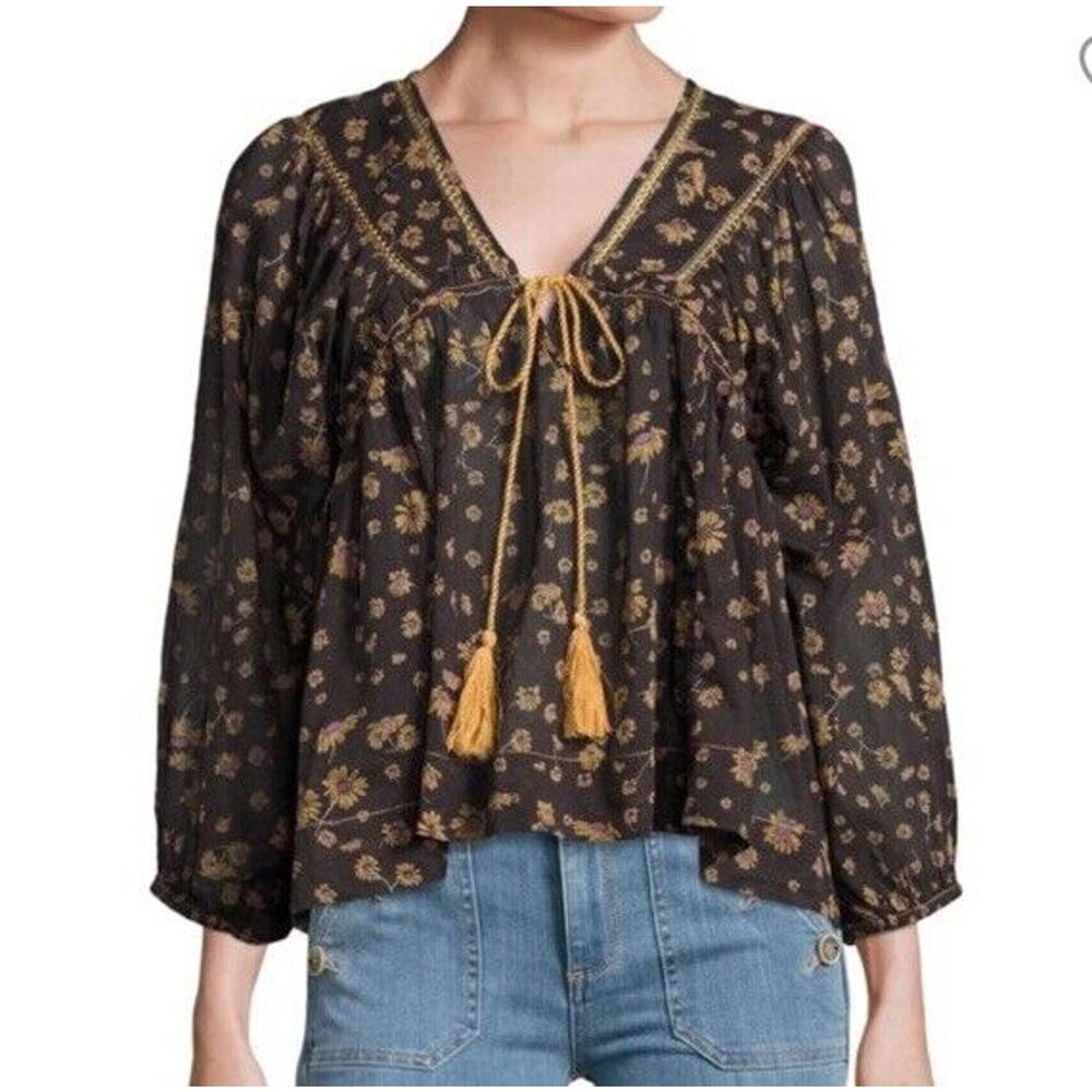Free People Top Never a Dull Moment Peasant Blouse Black Floral Cotton Size XS